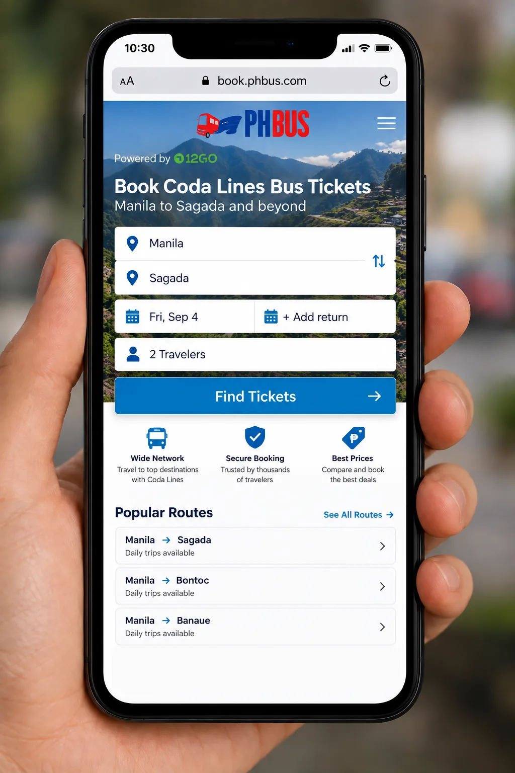 Phone showing a Coda Lines search from Manila to Sagada on book.phbus.com, with travel date, travellers, a Find Tickets button and Coda routes to Sagada, Bontoc and Banaue