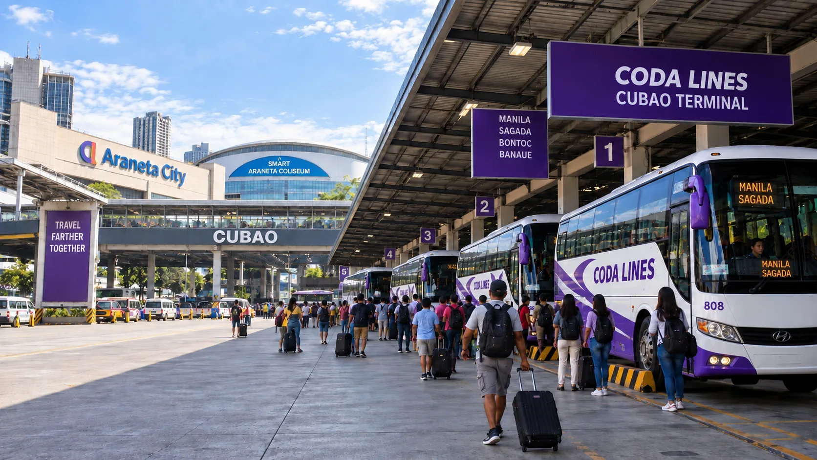 Coda Lines buses signed Manila–Sagada at their Cubao departure bays in Quezon City, with Araneta City behind