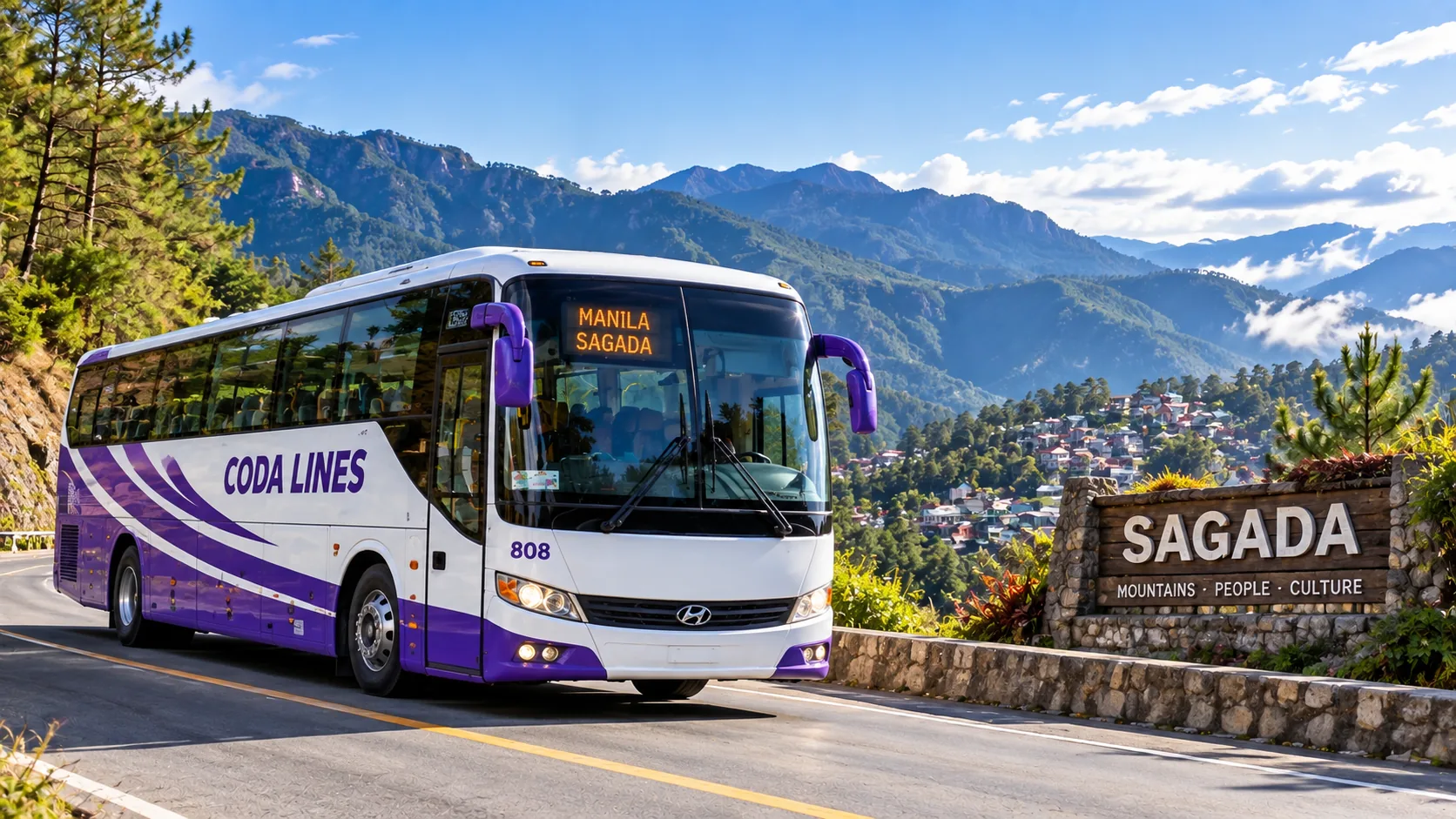 Purple-and-white Coda Lines bus signed Manila–Sagada on a pine-lined mountain road beside the Sagada town sign